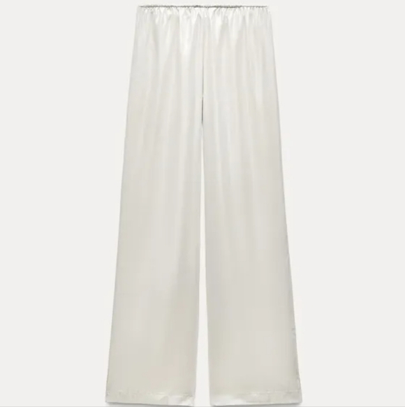 New Zara Shiny Silver Mid Rise Elastic Waist Wide-Leg Pajama Style Pants Medium - Picture 6 of 12